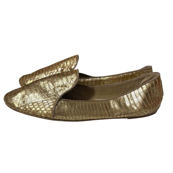 Brian Atwood Sz 10 Gold Metallic Snakeskin Textured Leather Loafers - Picture 1 of 8